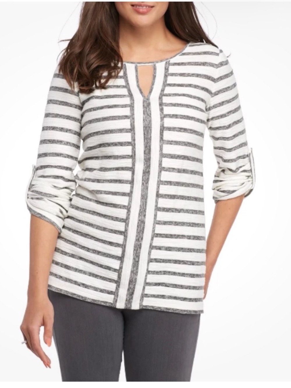 Sophie Max Studio 6B10C85 Grey/ Natural Stripe French Terry Textured
Keyhole Top
